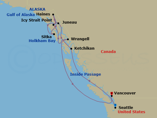 10 Night - Inside Passage Discovery - Oceania Riviera - Starting in Seattle, Ketchikan, Juneau, Sitka, Haines, Icy Strait Point (Hoonah), Cruising Holkham Bay Glacier Fjords, Wrangell, Cruising the Inside Passage, Vancouver itinerary map