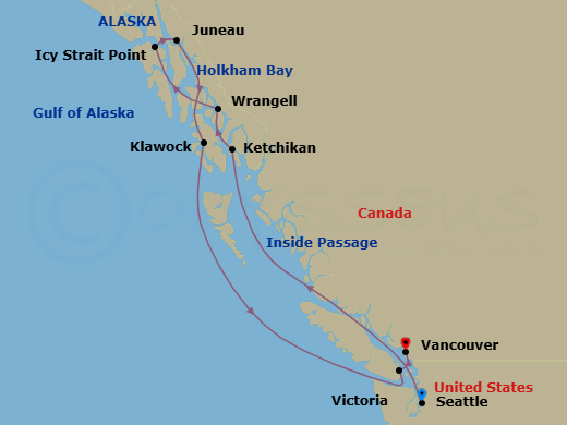 10 Night - Alaska Discoverer - Oceania Riviera - Starting in Seattle, Ketchikan, Wrangell, Icy Strait Point (Hoonah), Juneau, Cruising Holkham Bay Glacier Fjords, Klawock, Victoria CA, Vancouver itinerary map