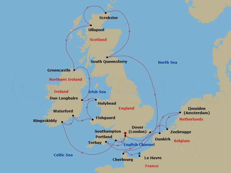 19 Night - Northern Europe Discoverer - Oceania Marina - Starting in Paris (Le Havre), Cherbourg, Dunkirk, Ijmuiden, Bruges (Zeebrugge), London (Dover UK), Torbay, London (Southampton), Edinburgh (South Queensferry), Scrabster, Ullapool, Greencastle, Dublin (Dun Laoghaire), Holyhead, Fishguard, Waterford, Cork (Ringaskiddy), Portland UK, London (Southampton) itinerary map