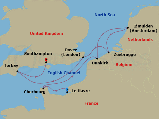 7 Night - English Channel Discovery - Oceania Marina - Starting in Paris (Le Havre), Cherbourg, Dunkirk, Ijmuiden, Bruges (Zeebrugge), London (Dover UK), Torbay, London (Southampton) itinerary map