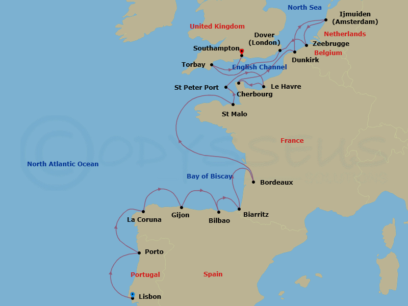 19 Night - Vineyards & Vignettes - Oceania Marina - Starting in Lisbon, Oporto, La Coruna, Gijon, Spain, Bilbao, Biarritz (Saint-Jean-De-Luz), Bordeaux, Saint-malo, St Peter Port, Guernsey, Paris (Le Havre), Cherbourg, Dunkirk, Ijmuiden, Bruges (Zeebrugge), London (Dover UK), Torbay, London (Southampton) itinerary map
