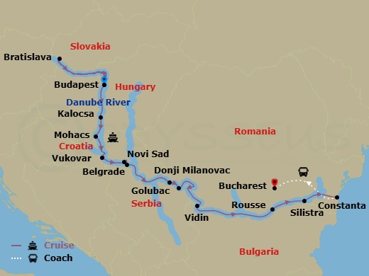 15 Night - Lower Danube Discovery - Scenic Crystal - Starting in Budapest, Bratislava, Bratislava / Budapest, Budapest, Kalocsa region, Mohacs, Vukovar, Novi Sad, Belgrade, Golubac / Donji Milanovac, Vidin, Rousse, Silistra, Constanta, Constanta / Bucharest, Bucharest itinerary map