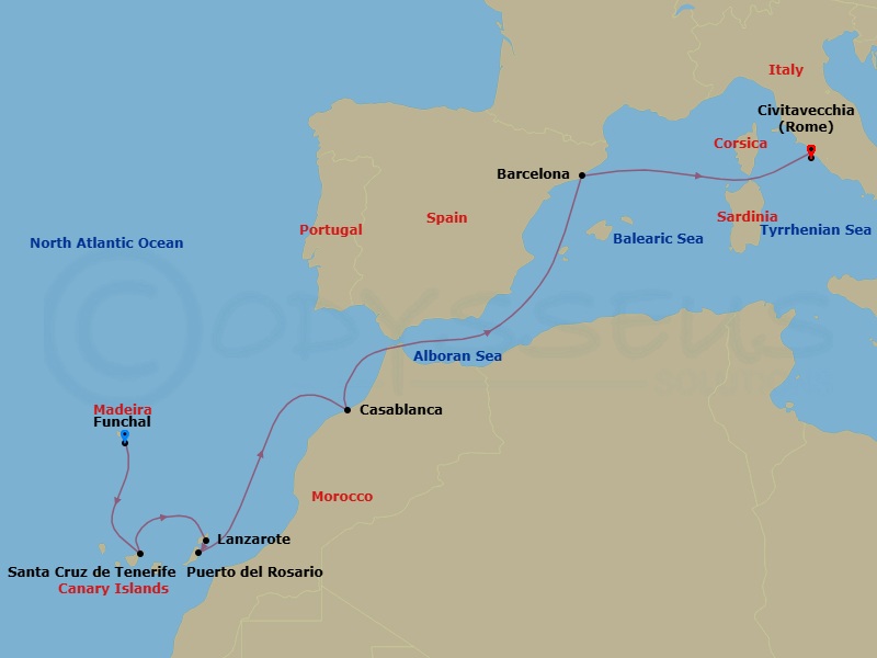 9 Night - Canary Islands and Madeira - MSC Musica - Starting in Funchal (Madeira Islands), Portugal, Santa Cruz de Tenerife, Arrecife De Lanzarote (Canary Islands), Spain, Puerto Del Rosario / Fuerteventura, Spain, Casablanca (Marrakesh), Morocco, Barcelona, Spain, Civitavecchia (Rome), Italy itinerary map
