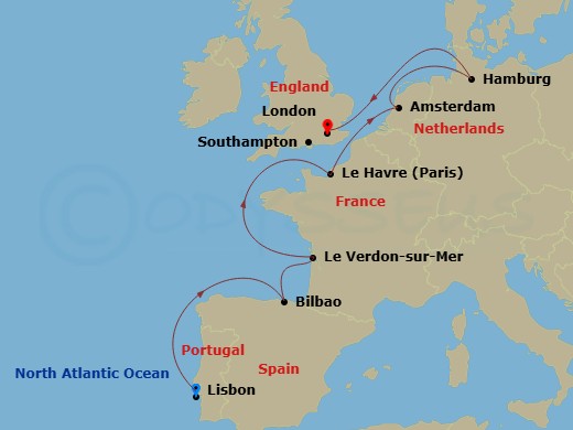 11 Night - Europe - France & Iberia - Norwegian Star - Starting in Lisbon, Portugal, Bilbao, Le Verdon Bordeaux, France, Le Havre / Paris, France, Amsterdam / Ijmuiden, Netherlands, Hamburg, Germany, London (Southampton), United Kingdom itinerary map
