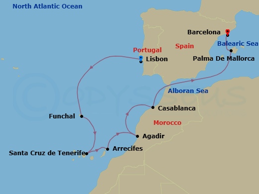 9 Night - Europe - Canary Island - Norwegian Star - Starting in Lisbon, Portugal, Funchal, Portugal, Santa Cruz de Tenerife, Arrecife, Spain, Agadir, Morocco, Casablanca, Morocco, Palma Majorca, Spain, Barcelona, Spain itinerary map