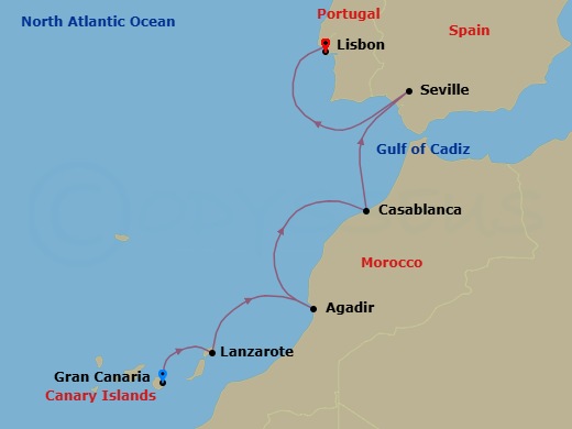 7 Night - Spain, Morocco & Portugal Cruise : Gran Canaria, Casablanca & Seville - Azamara Onward - Starting in Gran Canaria, Canary Islands, Lanzarote, Canary Islands, Agadir, Casablanca, Seville, Lisbon itinerary map