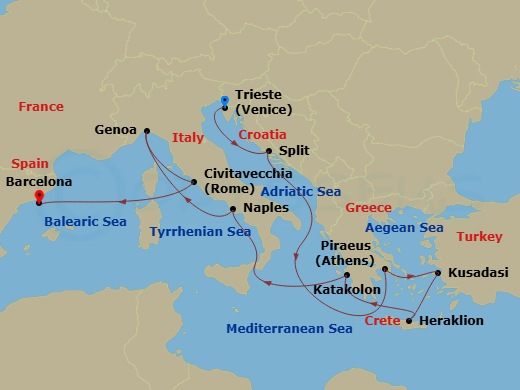 12 Night - Mediterranean - MSC Splendida - Starting in Trieste (Venice), Italy, Split, Croatia, Piraeus (Athens), Greece, Kusadasi, Turkey, Heraklion (Crete), Greece, Katakolon (Olympia), Greece, Naples (Pompeii), Italy, Genoa (Portofino), Italy, Civitavecchia (Rome), Italy, Barcelona, Spain itinerary map