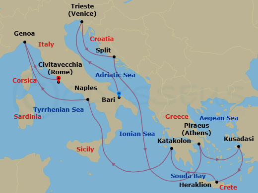 11 Night - Mediterranean - MSC Splendida - Starting in Bari, Italy, Trieste (Venice), Italy, Split, Croatia, Piraeus (Athens), Greece, Kusadasi, Turkey, Heraklion (Crete), Greece, Katakolon (Olympia), Greece, Naples (Pompeii), Italy, Genoa (Portofino), Italy, Civitavecchia (Rome), Italy itinerary map