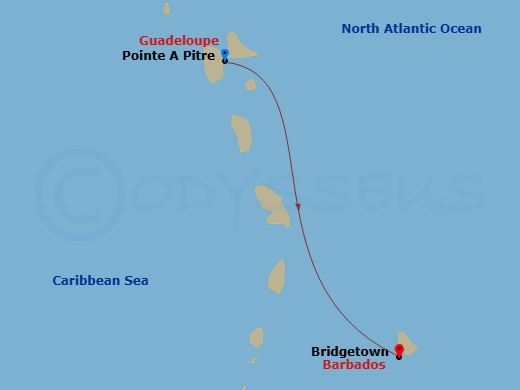 2 Night - South Caribbean - MSC Virtuosa - Starting in Pointe-A-Pitre, Guadeloupe, Bridgetown, Barbados itinerary map
