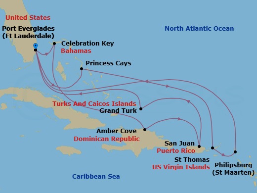 14 Night - Eastern Caribbean Adventurer with Celebration Key - Sun Princess - Starting in Fort Lauderdale, Florida, Princess Cays, Bahamas, St Thomas, US Virgin Islands, St Maarten, Fort Lauderdale, Florida, Celebration Key, Bahamas, Amber Cove, Dominican Republic, San Juan, Puerto Rico, Grand Turk, Turks and Caicos, Fort Lauderdale, Florida itinerary map