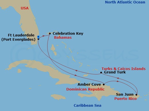 7 Night - Eastern Caribbean with Puerto Rico - Sun Princess - Starting in Fort Lauderdale, Florida, Celebration Key, Bahamas, Amber Cove, Dominican Republic, San Juan, Puerto Rico, Grand Turk, Turks and Caicos, Fort Lauderdale, Florida itinerary map
