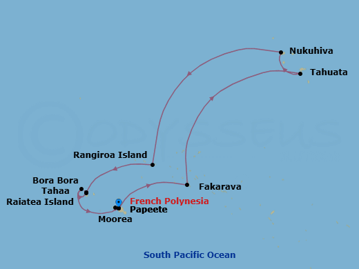 11 Night - Papeete to Papeete - Silver Whisper - Starting in Papeete (Tahiti), Fakarava, Tuamotu Archipelago, Tahuata, Marquesas Islands, Nuku Hiva, Marquesas Islands, Rangiroa, Motu Tahaa, Raiatea, Bora Bora (Society Islands), Moorea Island, Papeete (Tahiti) itinerary map