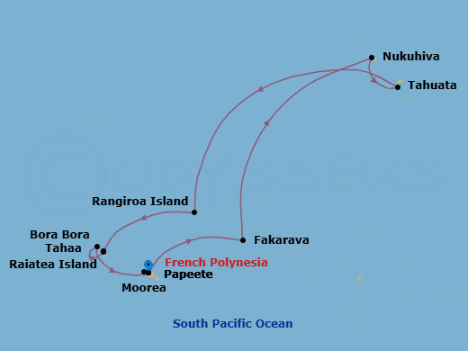 11 Night - Papeete to Papeete - Silver Whisper - Starting in Papeete (Tahiti), Fakarava, Tuamotu Archipelago, Nuku Hiva, Marquesas Islands, Tahuata, Marquesas Islands, Rangiroa, Motu Tahaa, Raiatea, Bora Bora (Society Islands), Moorea Island, Papeete (Tahiti) itinerary map