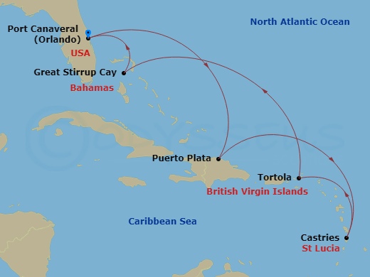 9 Night - Space Discovery Cruisetour - Norwegian Prima Tours - Starting in At Hotel, Orlando Beaches / Port Canaveral, Fl, Puerto Plata, Dominican Republic, St Thomas, Vi, Tortola, British Virgin Islands, Great Stirrup Cay, Bahamas, Orlando Beaches / Port Canaveral, Fl itinerary map