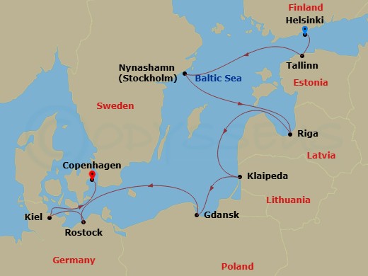 12 Night - Timeless Finland Pre Cruisetour - Norwegian Sun Tours - Starting in At Hotel, Helsinki, Finland, Tallinn, Estonia, Nynashamn / Stockholm, Sweden, Riga, Latvia, Klaipeda, Lithuania, Gdynia / Gdansk, Poland, Berlin (Rostock), Germany, Hamburg (Kiel), Germany, Copenhagen, Denmark itinerary map