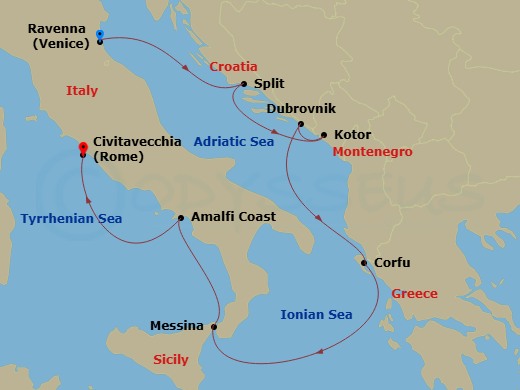 10 Night - Pre Venice Cruisetour - Norwegian Gem Tours - Starting in At Hotel, Venice (Ravenna), Italy, Split, Croatia, Kotor, Montenegro, Dubrovnik, Croatia, Corfu, Greece, Messina, Italy, Amalfi Coast (Salerno), Italy, Civitavecchia Rome, Italy itinerary map