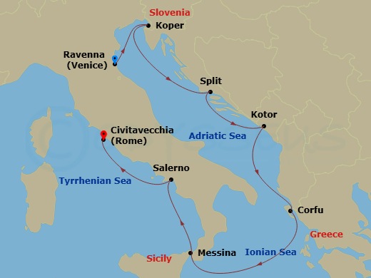 10 Night - Pre Venice Cruisetour - Norwegian Gem Tours - Starting in At Hotel, Venice (Ravenna), Italy, Koper, Slovenia, Split, Croatia, Kotor, Montenegro, Corfu, Greece, Messina, Italy, Amalfi Coast (Salerno), Italy, Civitavecchia Rome, Italy itinerary map