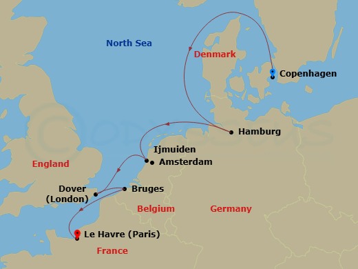 10 Night - Pre Cruisetour Classic and Modern Copehagen - Norwegian Sky Tours - Starting in At Hotel, Copenhagen, Denmark, Hamburg, Germany, Amsterdam / Ijmuiden, Netherlands, London (Dover UK), England, United Kingdom, Zeebrugge / Brussels / Brugge, Belgium, Le Havre / Paris, France itinerary map