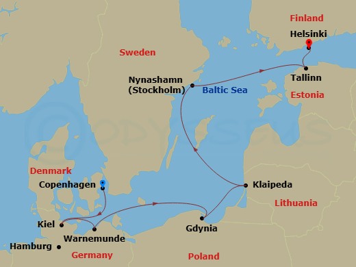10 Night - Pre Cruisetour Classic and Modern Copehagen - Norwegian Sun Tours - Starting in At Hotel, Copenhagen, Denmark, Hamburg (Kiel), Germany, Warnemunde / Berlin, Germany, Gdynia / Gdansk, Poland, Klaipeda, Lithuania, Nynashamn / Stockholm, Sweden, Tallinn, Estonia, Helsinki, Finland itinerary map