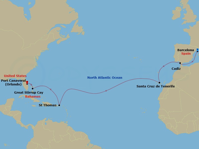 14 Night - Repo - Transatlantic - Norwegian Epic - Starting in Barcelona, Spain, Cadiz / Seville, Spain, Santa Cruz de Tenerife, St Thomas, Vi, Great Stirrup Cay, Bahamas, Orlando Beaches / Port Canaveral, Fl itinerary map