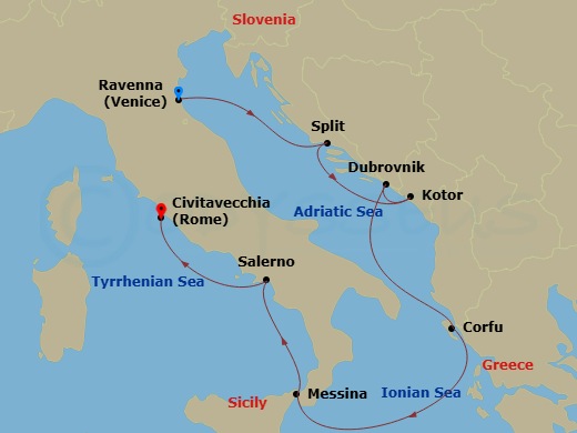 7 Night - Europe - Adriatic & Greece - Venice - Norwegian Gem - Starting in Venice (Ravenna), Italy, Split, Croatia, Kotor, Montenegro, Dubrovnik, Croatia, Corfu, Greece, Messina, Italy, Amalfi Coast (Salerno), Italy, Civitavecchia Rome, Italy itinerary map