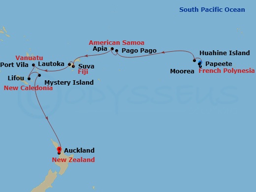 19 Night - Beauty in Southern Seas - Seven Seas Mariner - Starting in Papeete (Tahiti), Moorea, Huahine, Cruising the South Pacific, Pago Pago, Cross the International Date Line, Apia, Cruising the South Pacific, Suva, Lautoka, Cruising the South Pacific, Port Vila, Lifou Island, Mystery Island, Noumea, Cruising the South Pacific, Auckland itinerary map