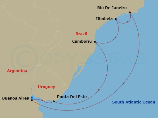 8 Night - South America - MSC Splendida - Starting in Buenos Aires, Argentina, Rio De Janeiro, Brazil, Ilhabela, Brazil, Camboriu, Brazil, Punta Del Este, Uruguay, Buenos Aires, Argentina itinerary map