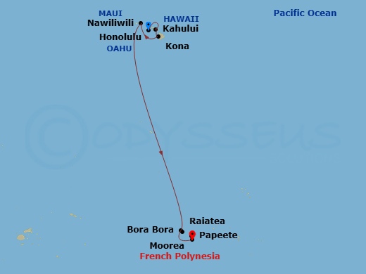 15 Night - O'ahu Explorer Hyatt Waikiki Ocean View Cruisetour - Norwegian Spirit Tours - Starting in At Hotel, Honolulu, Hi, Kahului, Maui, Hi, Kona, Hi, Nawiliwili, Kauai, Hawaii, Bora Bora, French Polynesia, Raiatea, French Polynesia, Moorea, French Polynesia, Papeete, French Polynesia itinerary map