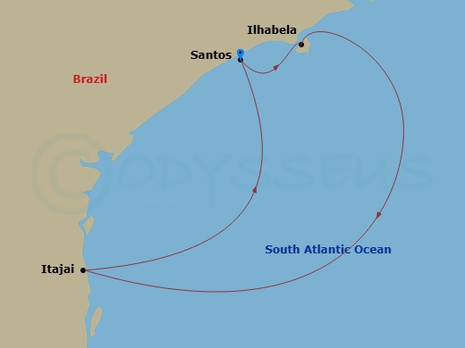 4 Night - South America Roundtrip from Santos - Costa Diadema - Starting in Santos, Brazil, Ilhabela, Brazil, Itajai (Camboriu), Santos, Brazil itinerary map