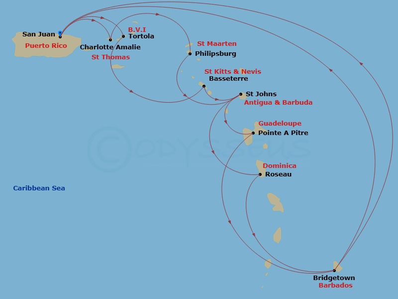 14 Night - Southern Caribbean Adventurer - Grand Princess - Starting in San Juan, Puerto Rico, St Thomas, US Virgin Islands, St Maarten, Antigua, Guadeloupe (Pointe-a-Pitre), Barbados, San Juan, Puerto Rico, Tortola, British Virgin Islands, St Kitts, Antigua, Dominica, Barbados, San Juan, Puerto Rico itinerary map
