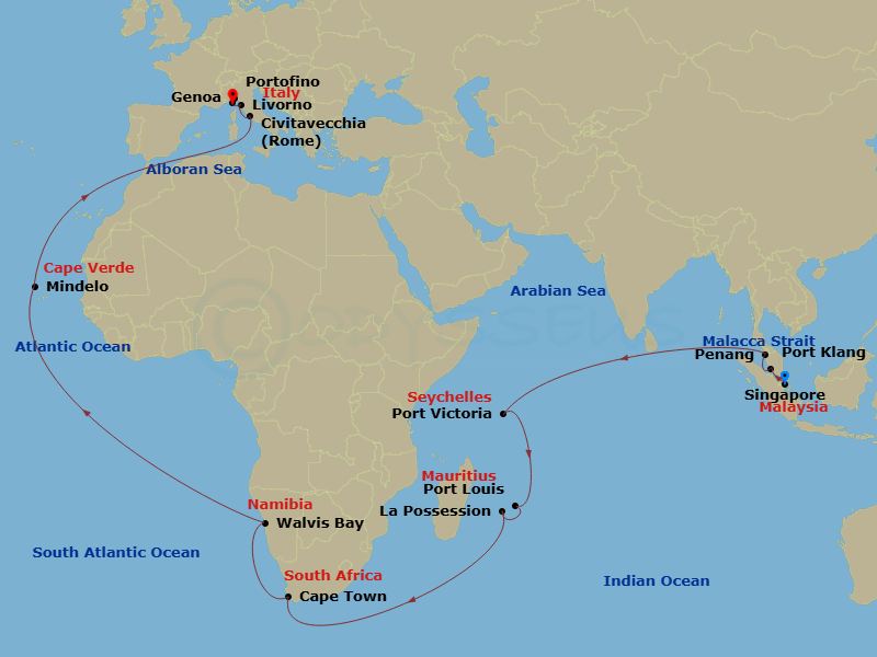 40 Night - Sin - MSC Magnifica - Starting in Singapore, Port Klang (Kuala Lumpur), Malaysia, Penang, Malaysia, Port Victoria, Seychelles, Port Louis, Mauritius, La Possession, Reunion, Cape Town, South Africa, Walvis Bay, Namibia, Mindelo, Cape Verde, Civitavecchia (Rome), Italy, Livorno (Florence), Italy, Genoa (Portofino), Italy itinerary map
