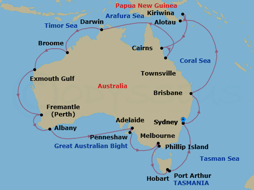 35 Night - Legendary Australia Circumnavigation - Noordam - Starting in Sydney AU, Brisbane, Australia, Alotau, Papua New Guinea, Kiriwina Island, Papua New Guinea, Cairns, Australia, Townsville, Australia, Scenic Cruising Torres Strait, Darwin, Australia, Broome, Western Australia, Australia, Exmouth, Australia, Fremantle (Perth), Australia, Albany AU, Australia, Adelaide, South Australia, Australia, Penneshaw, Kangaroo Island, Australia, Melbourne, Australia, Phillip Island, Victoria AU, Australia, Hobart, Tasmania, Australia, Port Arthur, Australia, Sydney AU itinerary map