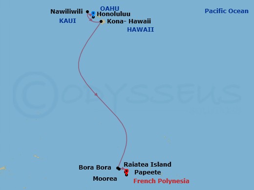 12 Night - South Pacific - Norwegian Spirit - Starting in Honolulu, Hi, Nawiliwili, Kauai, Hawaii, Kona, Hi, Bora Bora, French Polynesia, Raiatea, French Polynesia, Moorea, French Polynesia, Papeete, French Polynesia itinerary map