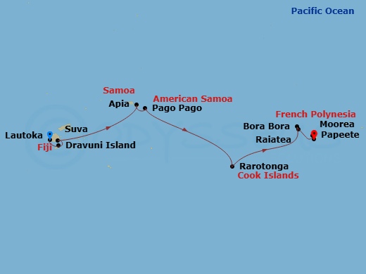 12 Night - South Pacific - Norwegian Spirit - Starting in Lautoka, Fiji, Dravuni, Fiji, Suva, Fiji, Apia, Samoa, Pago Pago, American Samoa, Cross International Dateline, at Sea, Rarotonga, Cook Islands, Bora Bora, French Polynesia, Raiatea, French Polynesia, Moorea, French Polynesia, Papeete, French Polynesia itinerary map