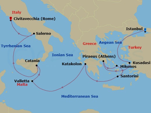 9 Night - Greek Isles & Italy - Norwegian Viva - Starting in Istanbul, Turkey, Kusadasi, Turkey, Piraeus / Athens, Greece, Mykonos, Greece, Santorini Island, Greece, Olympia / Katakolon, Greece, Valletta, Malta, Catania, Italy, Amalfi Coast (Salerno), Italy, Civitavecchia Rome, Italy itinerary map