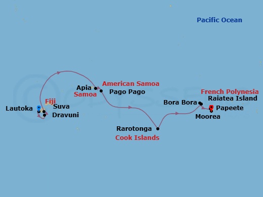 12 Night - South Pacific - Norwegian Spirit - Starting in Lautoka, Fiji, Dravuni, Fiji, Suva, Fiji, Apia, Samoa, Pago Pago, American Samoa, Cross International Dateline, at Sea, Rarotonga, Cook Islands, Raiatea, French Polynesia, Bora Bora, French Polynesia, Moorea, French Polynesia, Papeete, French Polynesia itinerary map