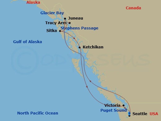 7 Night - Alaska Explorer - Noordam - Starting in Seattle, Washington, Puget Sound, Scenic cruising Stephens Passage, Juneau, Alaska, Scenic cruising Endicott Arm / Dawes Glacier, Sitka, Alaska, Ketchikan, Alaska, Victoria CA, Canada, Seattle, Washington itinerary map