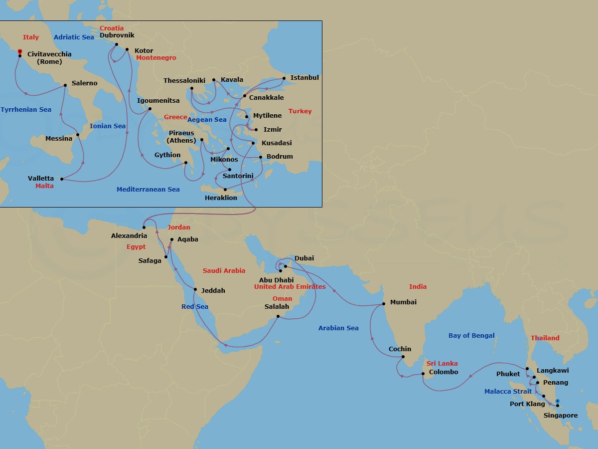 55 Night - Emirates & Empires - Oceania Vista - Starting in Singapore, Kuala Lumpur (Port Klang), Penang, Langkawi, Phuket, Colombo, Cochin (Kochi), Mumbai, Dubai, Abu Dhabi, Salalah, Jeddah, Aqaba, Luxor (Safaga), Suez Canal (Transit), Alexandria EG, Ephesus (Kusadasi), Istanbul, Canakkale (Troy), Kavala / Philippi, Thessaloniki, Mitilini (Lesbos), Izmir, Bodrum, Heraklion (Crete), Santorini, Mykonos, Athens (Piraeus), Gythion, Igoumenitsa, Kotor, Dubrovnik, Croatia, Valletta, Messina (Sicily), Salerno, Rome (Civitavecchia) itinerary map