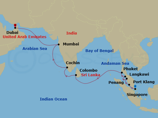 17 Night - A Journey of Color & Spice - Oceania Vista - Starting in Singapore, Kuala Lumpur (Port Klang), Penang, Langkawi, Phuket, Colombo, Cochin (Kochi), Mumbai, Dubai itinerary map