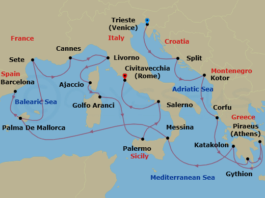 19 Night - Mediterranean Traveler - Oceania Allura - Starting in Trieste, Split, Kotor, Corfu, Gythion, Athens (Piraeus), Katakolon, Messina (Sicily), Palma De Mallorca, Barcelona, Palma De Mallorca, Sete, Cannes, Florence / Pisa / Tuscany (Livorno), Ajaccio (Corsica), Golfo Aranci, Palermo (Sicily), Salerno, Rome (Civitavecchia) itinerary map