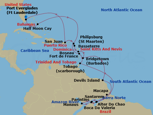 28 Night - Legendary Amazon Explorer - Zuiderdam - Starting in Fort Lauderdale, Florida, RelaxAway, Half Moon Cay, Bahamas, Philipsburg, Sint Maarten, Fort-De-France, Martinique, Scarborough, Trinidad and Tobago, Barra Norte Sea, Brazil, Crossing the Amazon River Bar, Brazil, Barra Norte River, Brazil, Cruising the Amazon River, Macapa, Brazil, Cruising the Amazon River, Crossing the Equator, Santarem, Brazil, Boca da Valeria, Brazil, Manaus, Brazil, Parintins, Brazil, Alter Do Chao, Brazil, Crossing the Equator, Cruising the Amazon River, Barra Norte River, Brazil, Crossing the Amazon River Bar, Brazil, Barra Norte Sea, Brazil, Crossing the Equator, Devils Island, French Guiana, Bridgetown, Barbados, Roseau, Dominica, Basseterre, St Kitts and Nevis, San Juan, Puerto Rico, Fort Lauderdale, Florida itinerary map