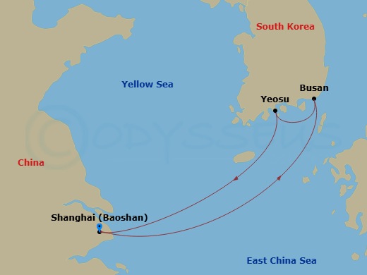 5 Night - Busan & Yeosu Cruise - Spectrum of the Seas - Starting in Shanghai (Baoshan), China, Busan, South Korea, Yeosu, South Korea, Shanghai (Baoshan), China itinerary map