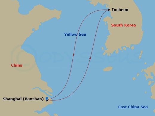 4 Night - Seoul Cruise - Spectrum of the Seas - Starting in Shanghai (Baoshan), China, Seoul (Incheon), South Korea, Shanghai (Baoshan), China itinerary map