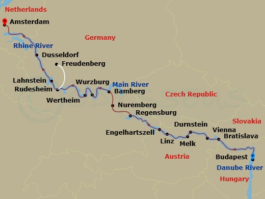 14 Night - Magnificent Europe - AmaSofia - Starting in Budapest, Bratislava, Vienna, Durnstein, Melk, Linz, Engelhartszell, Regensburg, Nuremberg, Bamberg, Wurzburg, Wertheim, Freudenberg, Rudesheim, Lahnstein, Dusseldorf, Amsterdam itinerary map