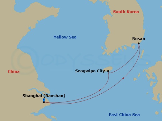 5 Night - Jeju & Busan Cruise - Spectrum of the Seas - Starting in Shanghai (Baoshan), China, Jeju (Seogwipo), South Korea, Busan, South Korea, Shanghai (Baoshan), China itinerary map