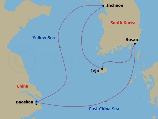 6 Night - Seoul, Jeju & Busan Cruise - Spectrum of the Seas - Starting in Shanghai (Baoshan), China, Seoul (Incheon), South Korea, Jeju (Seogwipo), South Korea, Busan, South Korea, Shanghai (Baoshan), China itinerary map