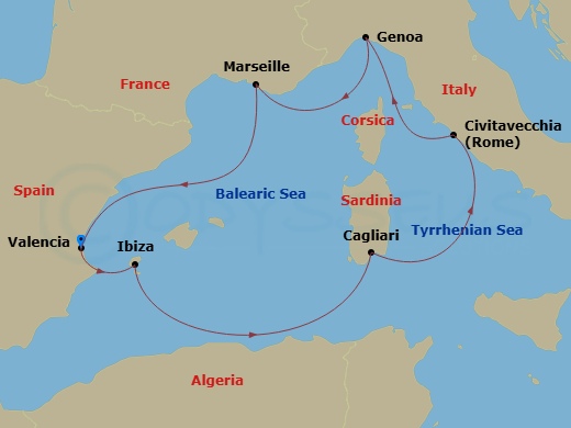 7 Night - Mediterranean - MSC Musica - Starting in Valencia, Spain, Ibiza (Balearic Islands), Spain, Cagliari (Sardinia), Italy, Civitavecchia (Rome), Italy, Genoa (Portofino), Italy, Marseille (Provence), France, Valencia, Spain itinerary map