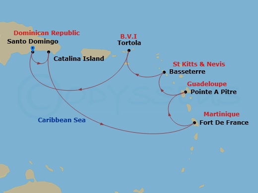 7 Night - Western Caribbean from Santo Domingo - Costa Fascinosa - Starting in Santo Domingo, Catalina Island, Fort-de-France, Pointe-a-Pitre, Basseterre, Tortola (Road Harbour), Santo Domingo itinerary map