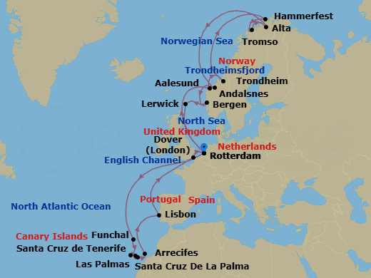 28 Night - Canary Islands & Northern Lights Collectors' Voyage - Nieuw Statendam - Starting in Rotterdam, the Netherlands, Funchal (Madeira), Portugal, Santa Cruz de La Palma, Santa Cruz de Tenerife, Las Palmas, Gran Canaria, Canary Islands, Spain, Arrecife, Lanzarote, Canary Islands, Spain, Lisbon, Portugal, Dover UK (London), England, Rotterdam, the Netherlands, Alesund, Norway, Trondheim, Norway, Scenic Cruising Trondheimsfjord, Crossing the Arctic Circle, Hammerfest, Norway, Tromso, Norway, Alta, Norway, Crossing the Arctic Circle, Andalsnes, Norway, Bergen, Norway, Lerwick, Shetland Islands, United Kingdom, Rotterdam, the Netherlands itinerary map