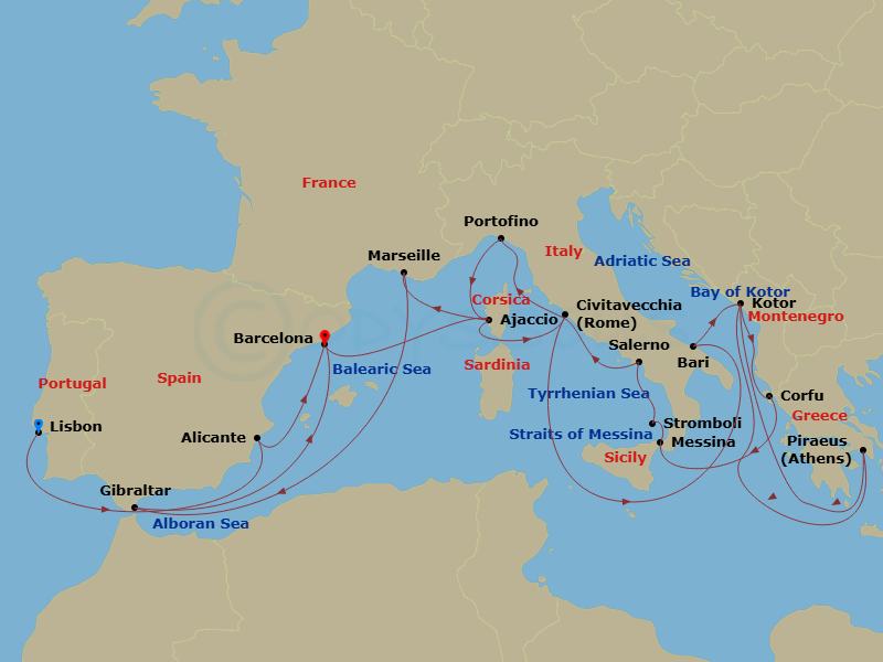 27 Night - Solar Eclipse Collectors' Voyage : Spain & Italy - Oosterdam - Starting in Lisbon, Portugal, Alicante, Spain, Barcelona, Spain, Ajaccio, Corsica, France, Civitavecchia (Rome), Italy, Bari (Puglia), Italy, Kotor, Montenegro, Scenic cruising Bay of Kotor, Piraeus (Athens), Greece, Kotor, Montenegro, Scenic cruising Bay of Kotor, Kerkira, (Corfu), Greece, Messina, Italy, Cruising Strait of Messina, Evening cruising Stromboli Volcano, Salerno, Italy, Civitavecchia (Rome), Italy, Portofino, Italy, Ajaccio, Corsica, France, Marseille (Provence), France, Gibraltar, Barcelona, Spain itinerary map